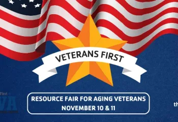 Graphic with American flag and star. Headline is Veterans First. Resource fair for aging veterans. November 10 & 11. KCVA logo. Y logo.