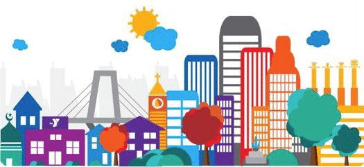 Colorful illustrated Kansas City skyline with buildings, bridge, trees, and a YMCA icon
