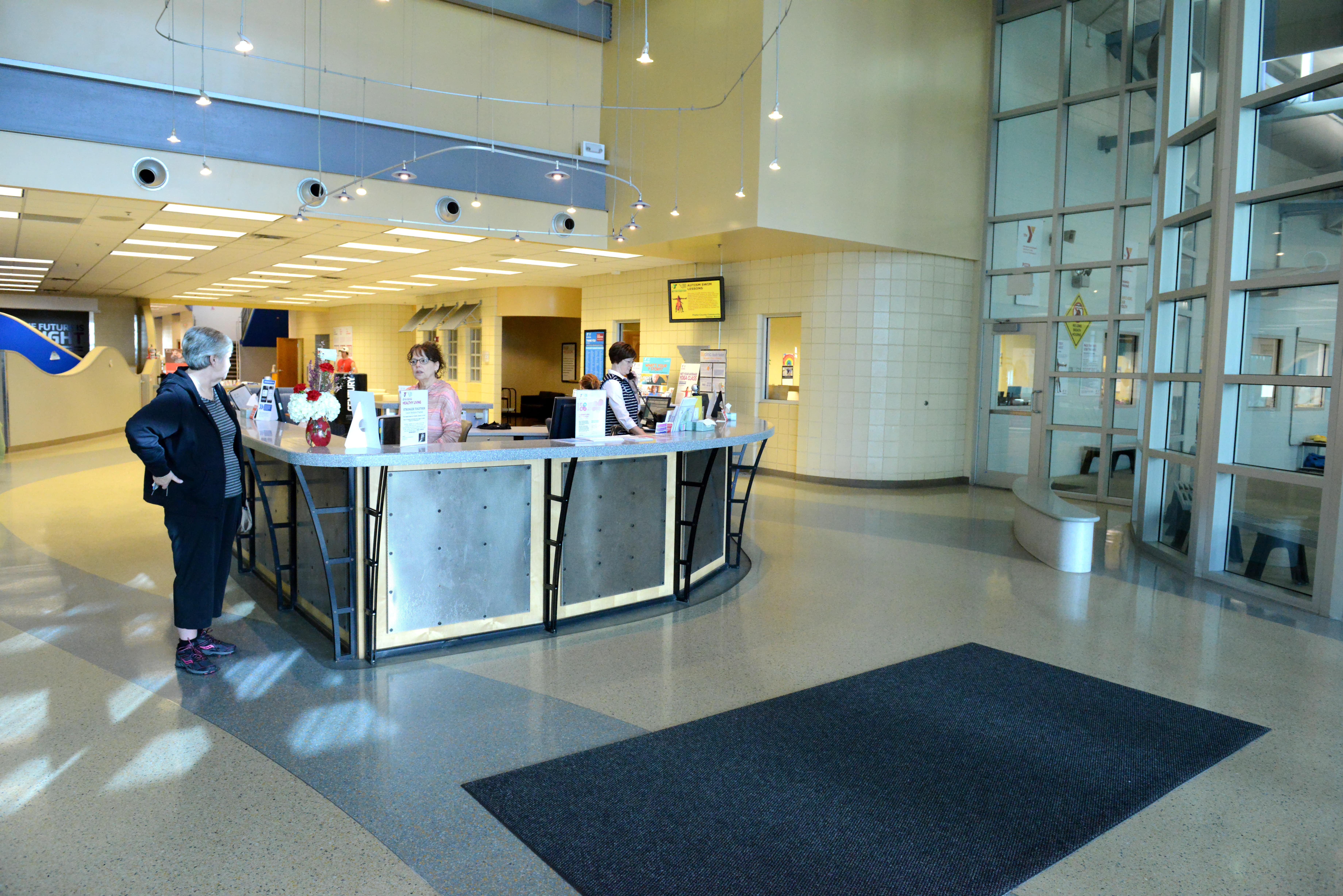 Photo of lobby and welcome center desk inside entrance of Platte County Community Center North