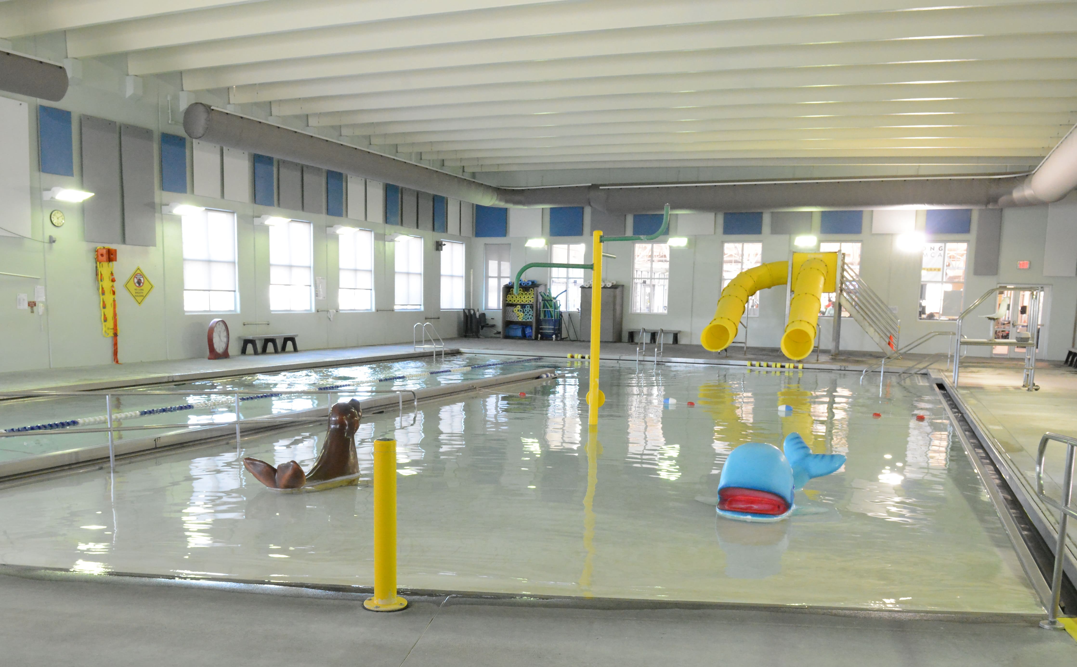 Photo of pool from the zero depth entry end, showing seal and whale water features, slide at the opposite end and two lap lanes to the left