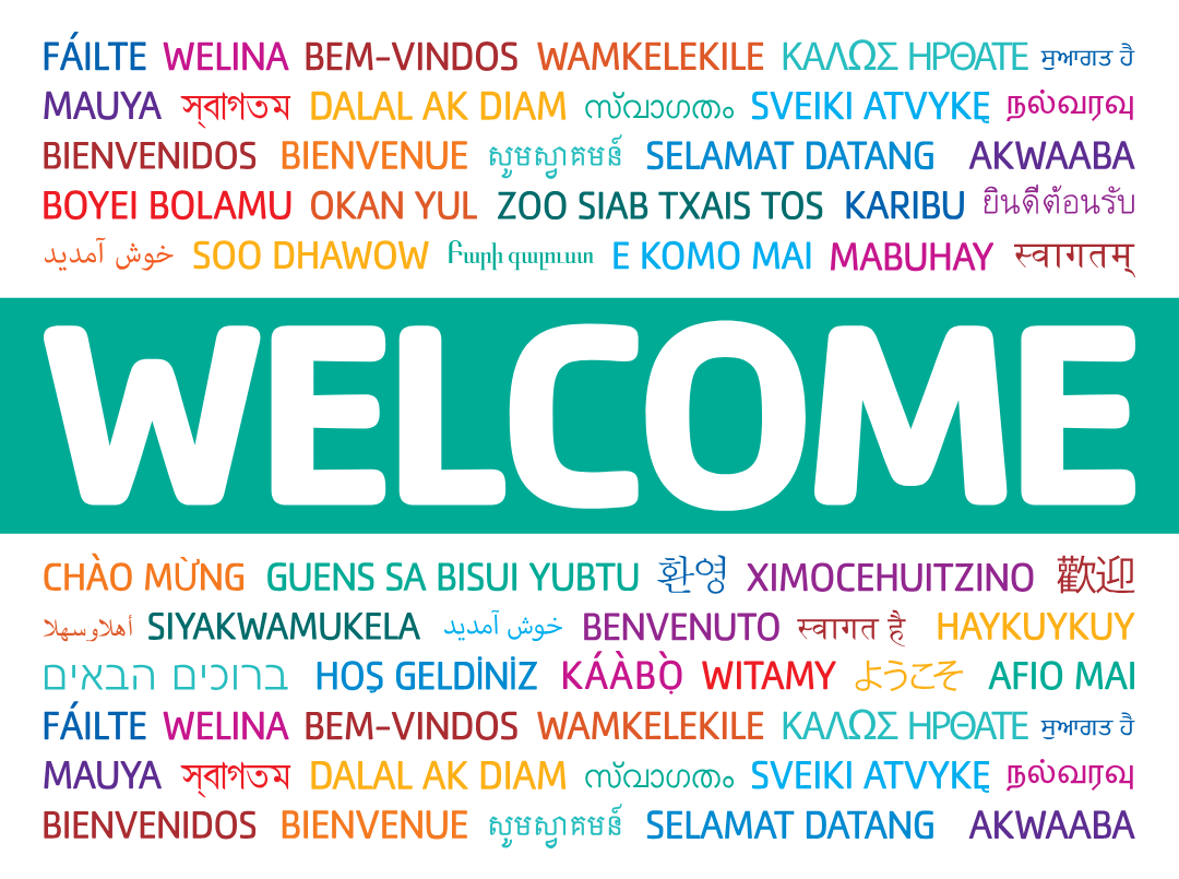 Graphic with WELCOME in the center, with "welcome" in many other languages in the background