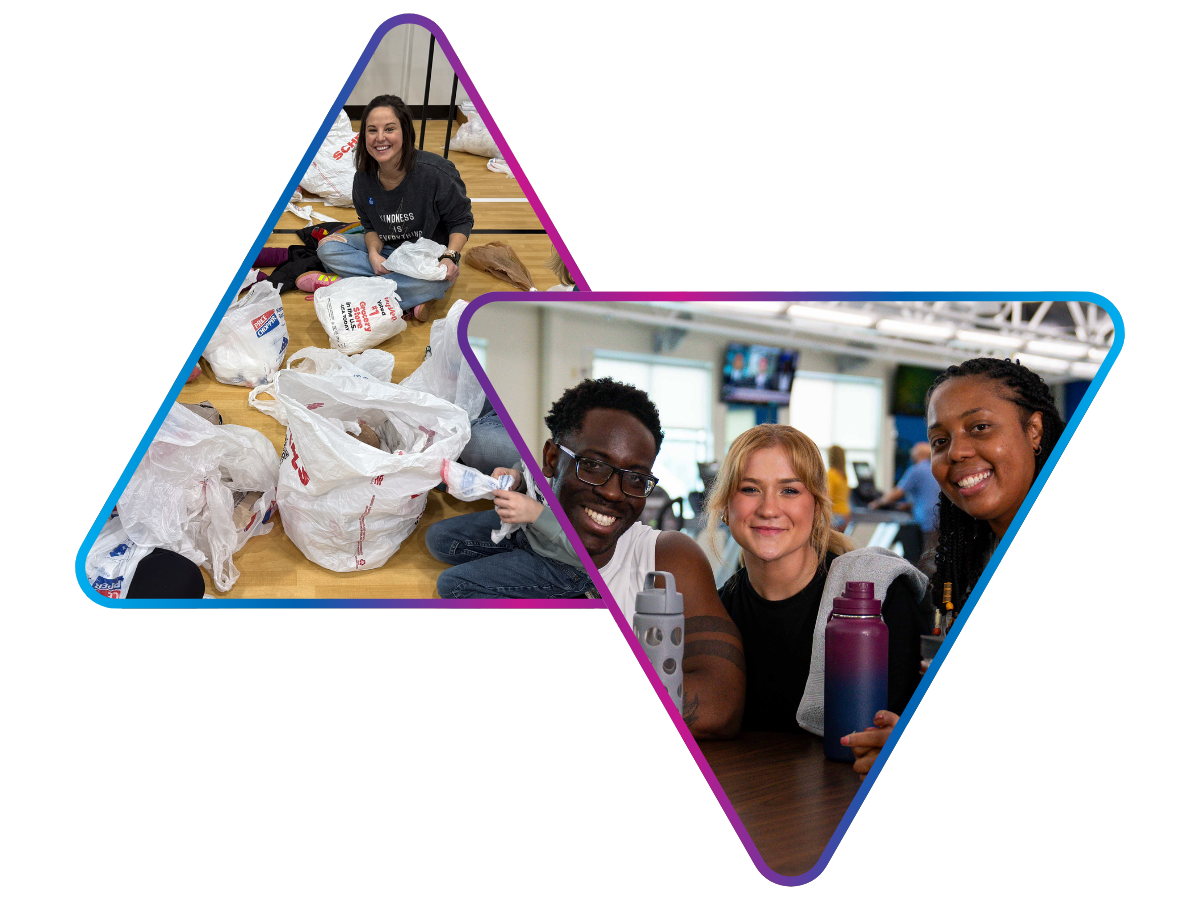 Two triangular photos: The left triangle shows people sitting on the floor sorting plastic bags filled with items. The right triangle features three people sitting at a table, smiling, with water bottles in front of them in a room 