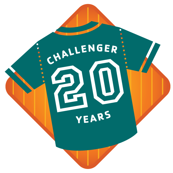 llustration of a teal jersey reading "Challenger 20 Years" over an orange baseball diamond background, celebrating the 20th anniversary of the YMCA Challenger program.