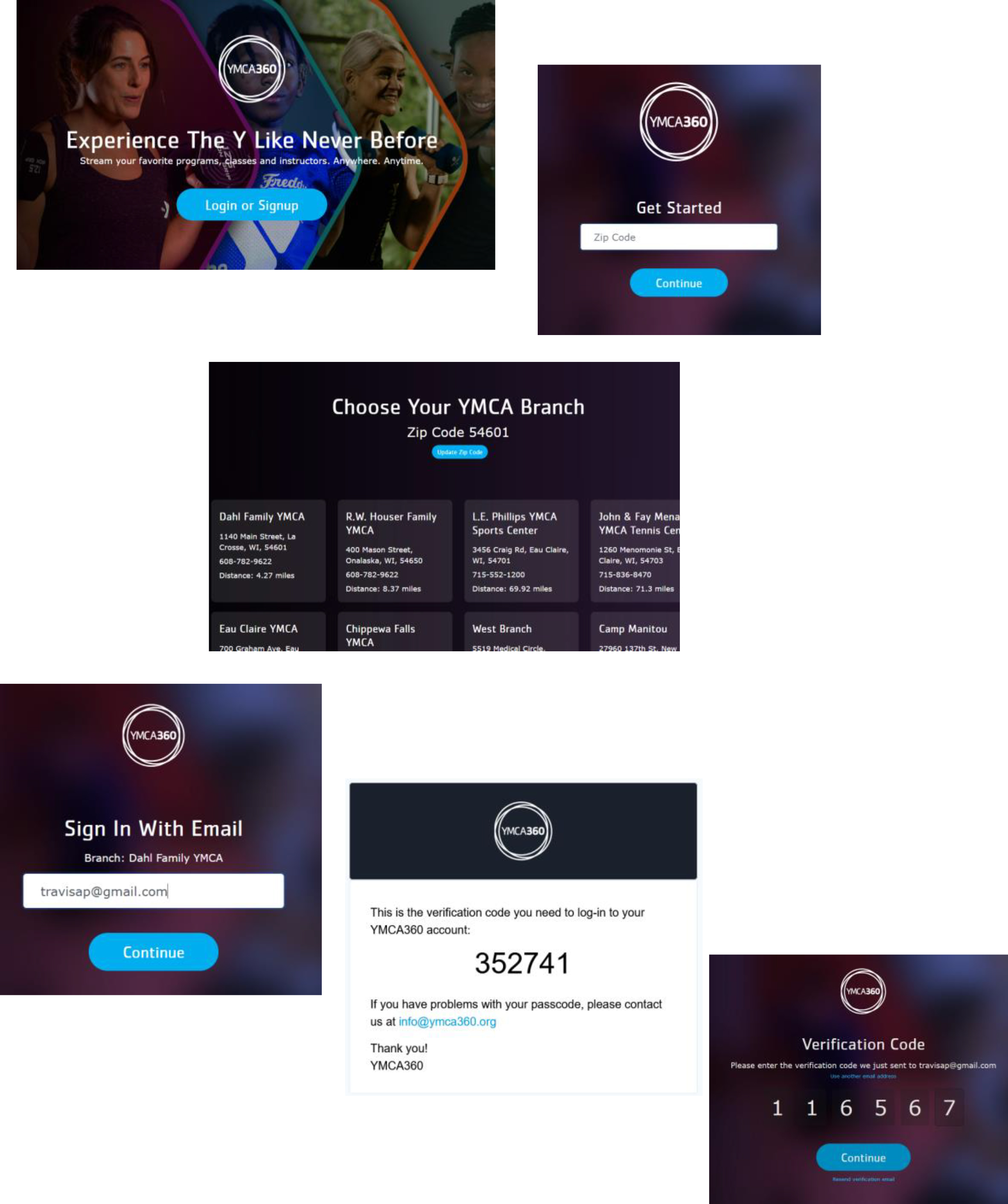 Screenshots of how to log in on the YMCA360 App.