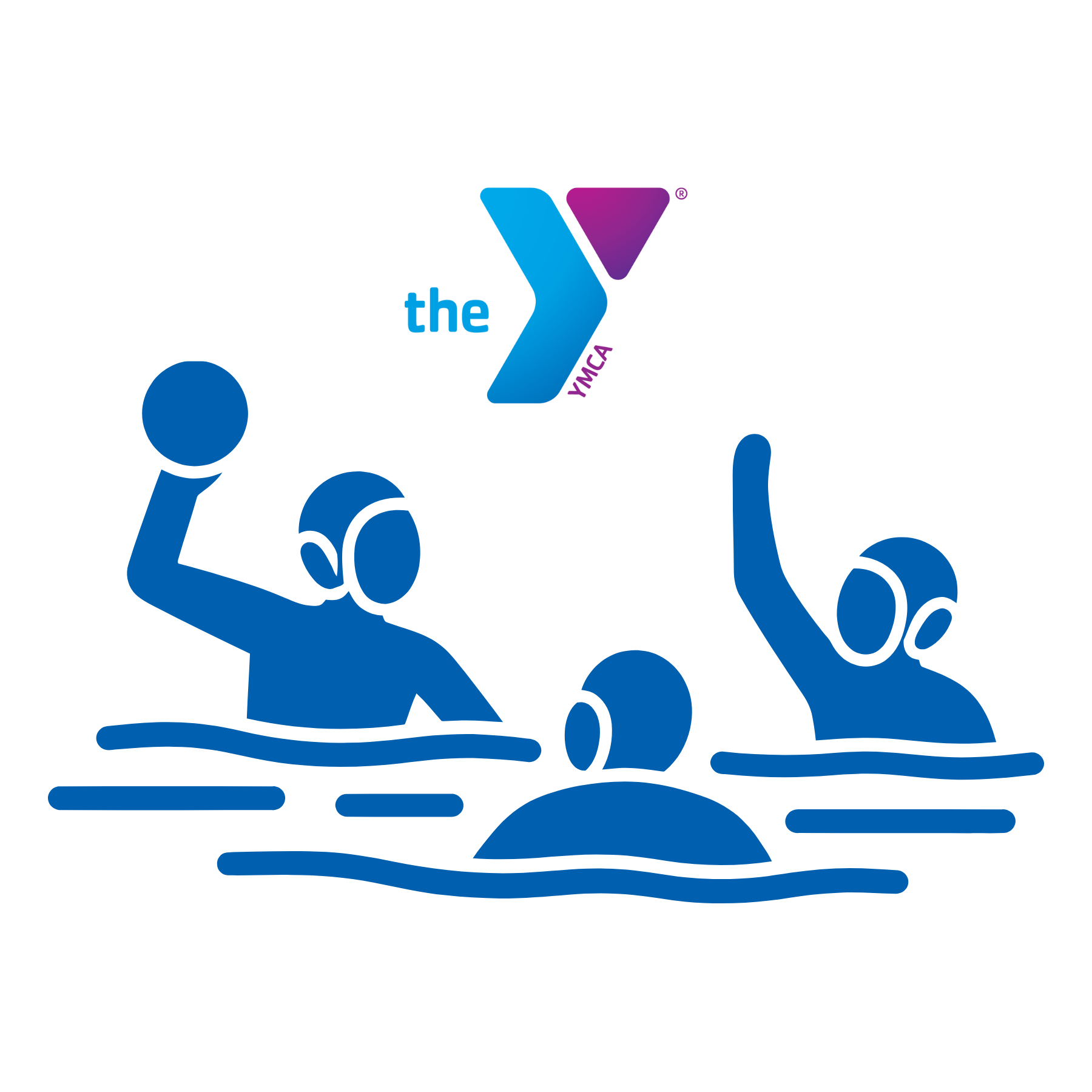 Blue Illustration of three players playing water polo with a blue and purple YMCA logo.