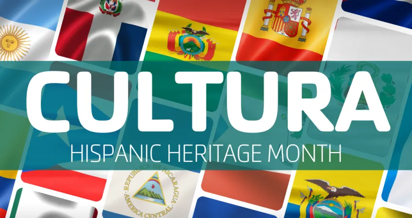 Kansas City YMCA graphic with a collage background of many Hispanic nations flags with text banner "Cultura Hispanic Heritage Month".