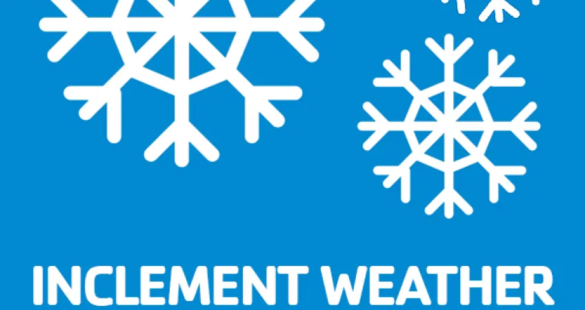 Kansas City YMCA graphic of snowflakes and the words "Inclement Weather Information" on a blue background.