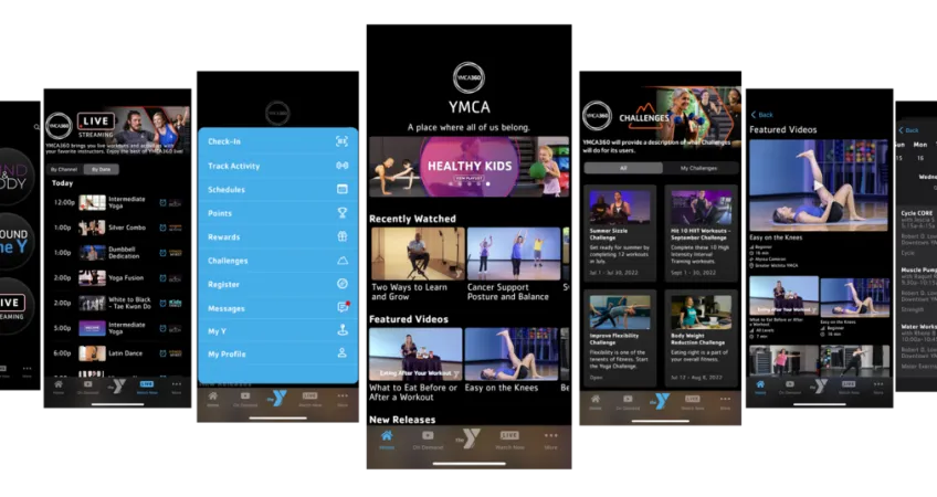 Seven mobile phones with different views of the new YMCA360 app