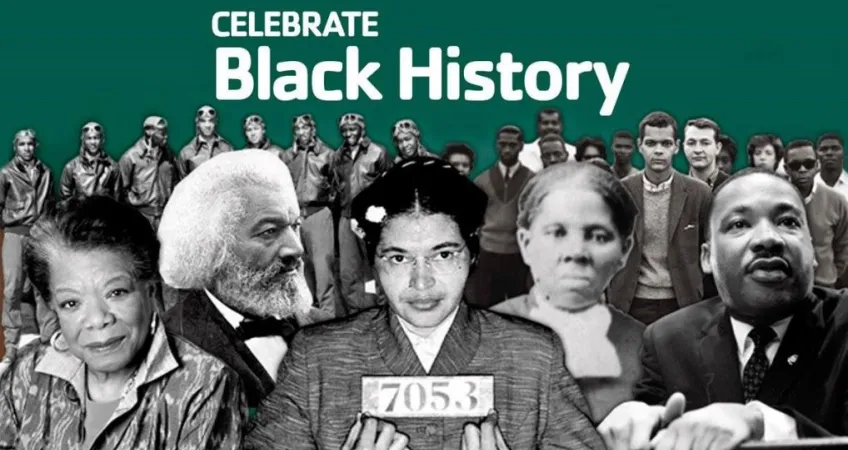 Graphic of black historical figures on a dark green background with the text "Celebrate Black History".