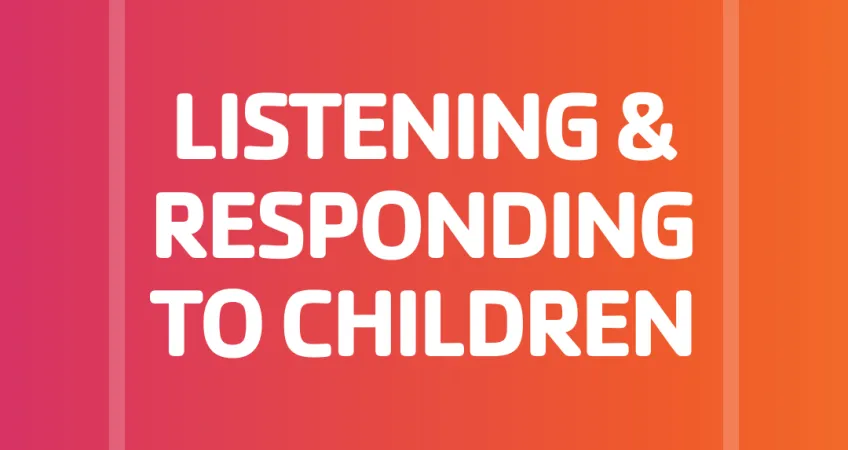 Salmon colored graphic with text: "listening and responding to children, child abuse prevention month"
