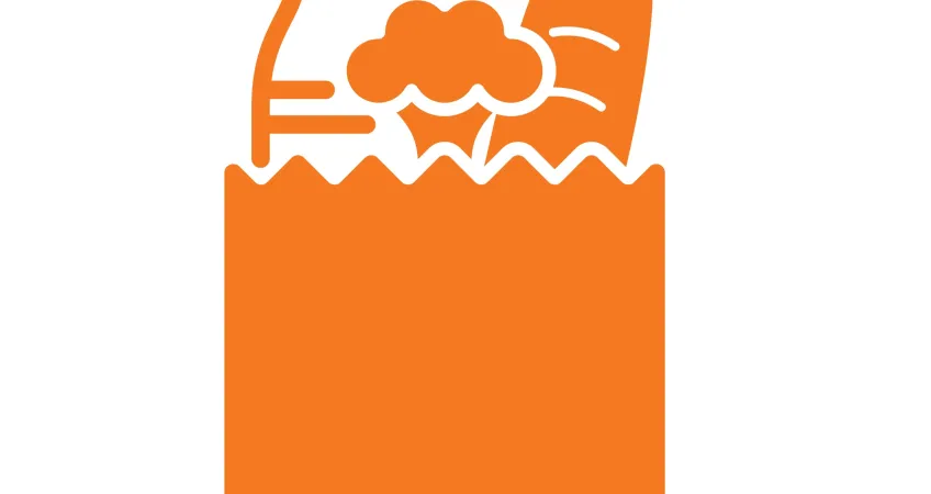 Graphic of a grocery bag with a loaf of bread, broccoli head, and jug peaking out of the top of the grocery bag.