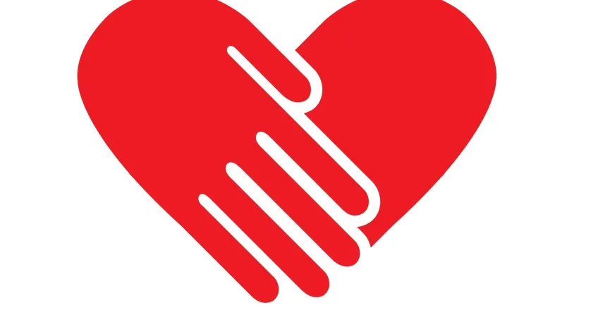 Illustration of a heart, with a hand forming one side of the heart to show a helping hand