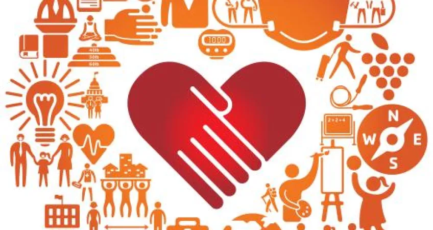 Health and Safety Graphic with a center element of people holding hands shaped like a heart. Various other graphic elements surround the heart that are related to health, safety, and community.