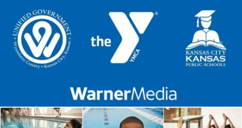 Greater Kansas City YMCA graphic for learn to swim. Features 3 logos: Unified Government of Wyandotte County logo, the Y logo, Kansas City Kansas Public Schools logo, and WarnerMedia logo. Also includes 3 images of children learning to swim. Left image is a child learning to float with an YMCA instructor. Middle image is a child resting on the edge of the pool smiling. Right image is of children learning diving techniques from YMCA instructor as they sit on the side of the pool.