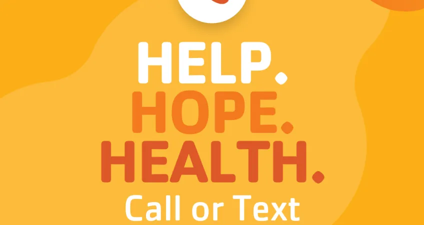 Y Graphic with text "Help. Hope. Health. Call or Text 988", "Suicide Prevention Month".