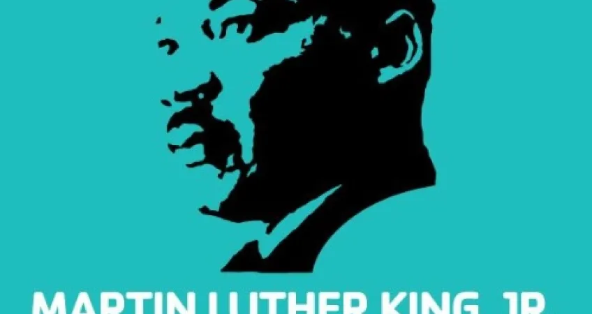 Teal graphic with black outline of Martin Luther King Jr. Text says, "Martin Luther King Jr. Day of Service"