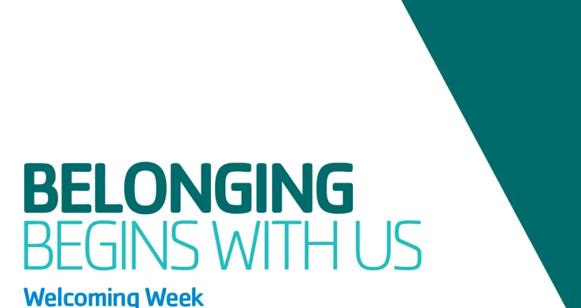 Graphic featuring the Y logo in the upper lefthand corner and text: "Belonging Begins With Us", "Welcoming Week September 10-19", and "For a better us."