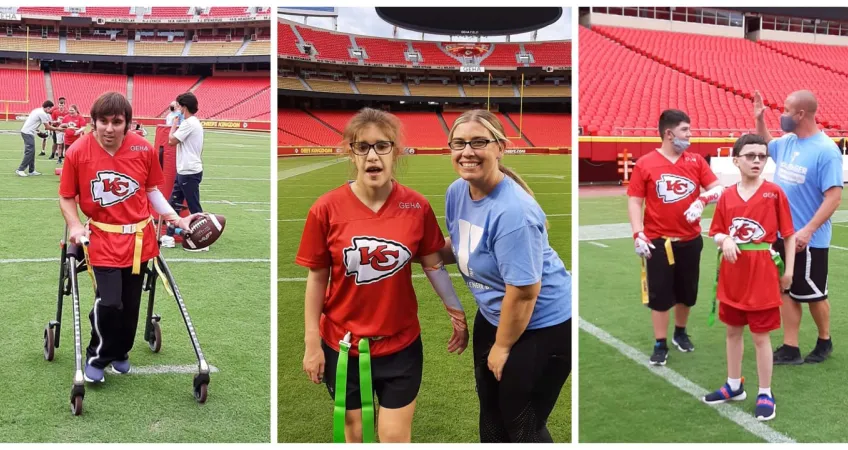 Left Photo: Challenger Athlete with football; Center Photo: Challenger Athlete and Y Volunteer; Right Photo: Two Challenger Athletes with Y Volunteer. All photos were taken in the GEHA Field Arrowhead stadium.