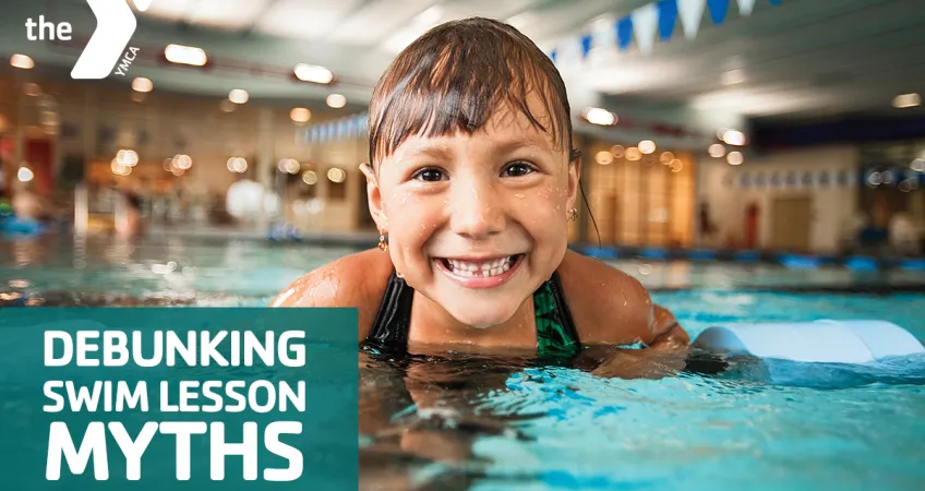 Y Graphic of a kid swimming with the help of a floatie with the text "Debunking Swim Lesson Myths".