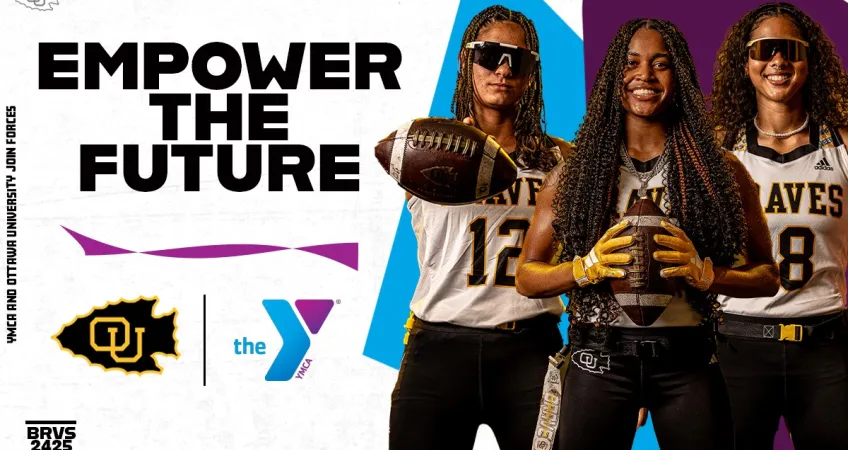 Empower the Future. YMCA and Ottawa University join forces. Ottawa logo. Y logo. Three Ottawa womens flag football players.