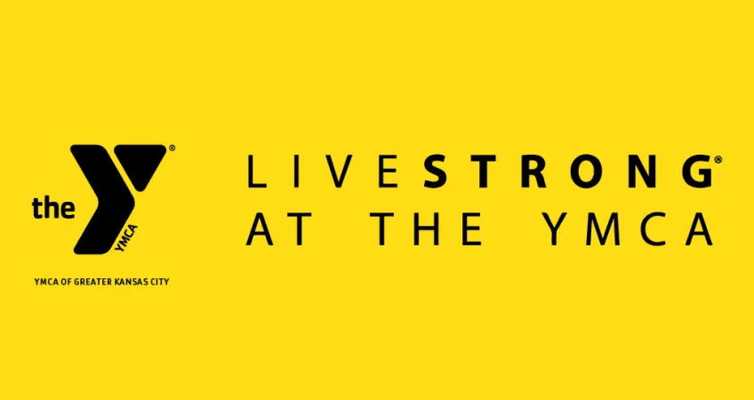 Logo of LIVESTRONG at the YMCA, yellow background, and Y logo on the left.