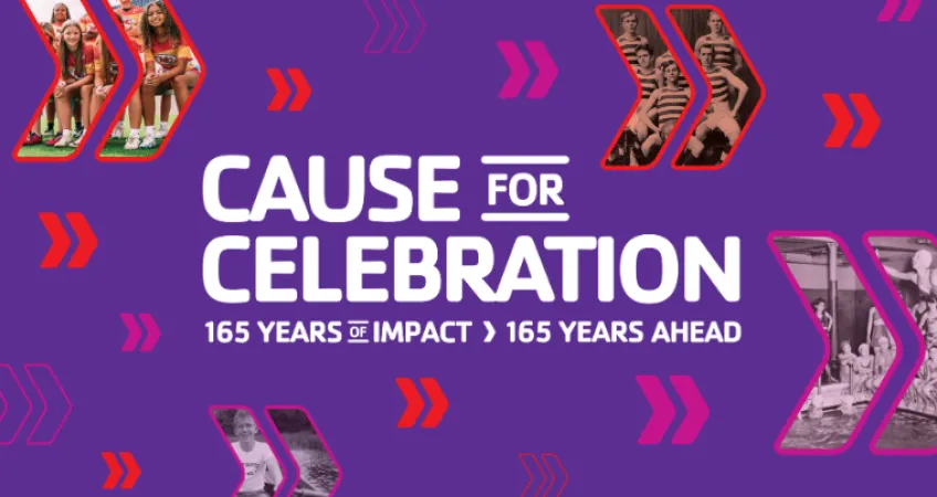 Cause for Celebration. 165 Years of Impact. 165 Years Ahead. Historic photo of camp in chevron shape graphic. Recent photos of adaptive basketball and active older adults in chevron shapes.