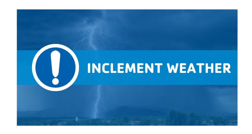 Graphic with "Inclement Weather" and photo of lightning in the background