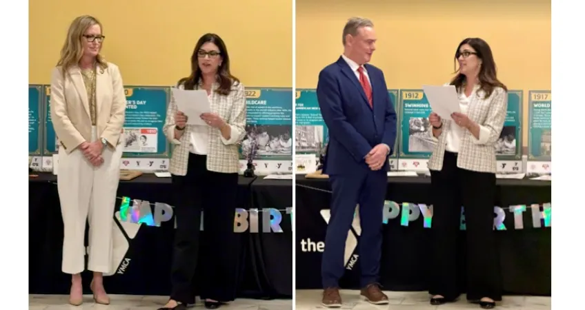 Photo collage - Jennifer Bruning, director of Kansas State Alliance of YMCAs, presents awards to Dinah Sykes and Sean Tarwater 
