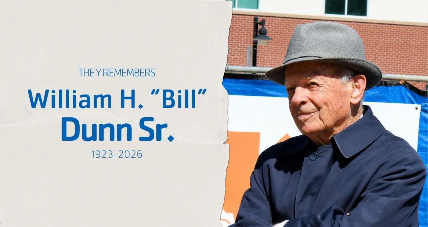 Photo of William H. "Bill" Dunn Sr. at a groundbreaking event for the expansion at the Platte County Community Center South operated by the Y. Headline: The Y Remembers William H. "Bill" Dunn Sr. 1923-2026
