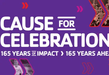Cause for Celebration 165 Years of Impact. 165 Years Ahead. Image with historic photos of Y swimming, camp and basketball, modern image of girls flag football.