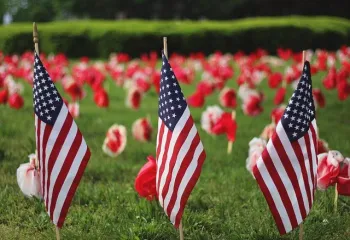 Three American flags with flowers in the background
