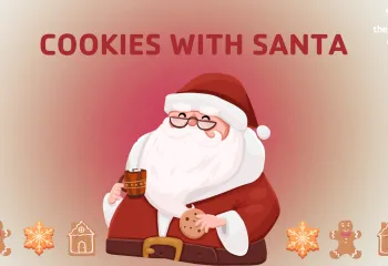 Graphic with "Cookies with Santa," Y logo, illustration of Santa eating cookies and additional illustrations of cookies