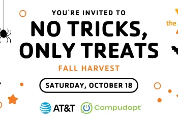 You're Invited to No Tricks, Only Treats. Fall Harvest. Saturday, October 18. AT&T Logo. Computdopt Logo. Y logo. Illustrations of spider, bats and stars.