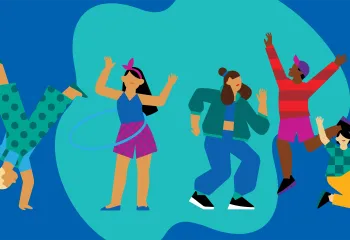Illustration of five diverse figures dancing energetically, each in a different pose, set against a stylized blue and turquoise background.