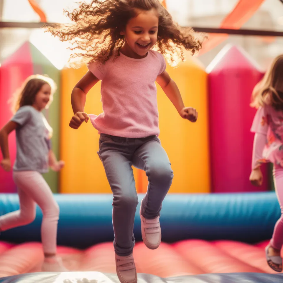 4 children bounce around in bounce house at Greater Kansas City YMCA Youth and Family Bounce House.