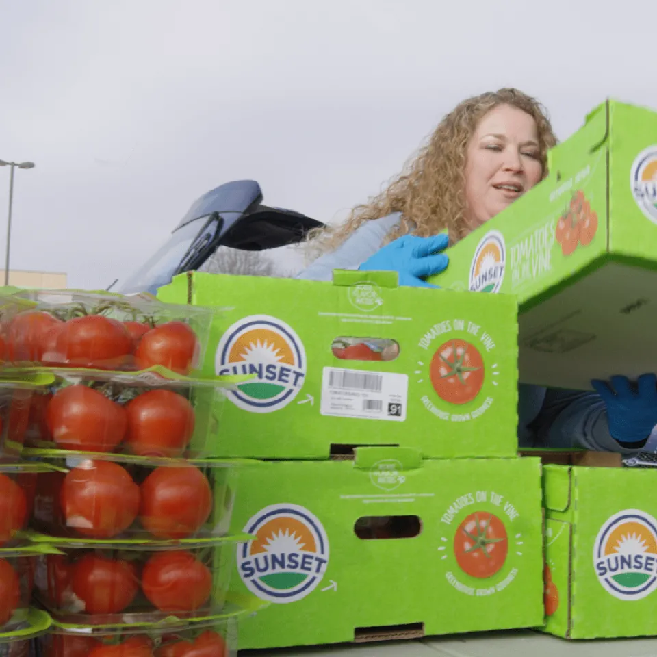 A YMCA Associates stacks boxes of tomatoes and other produce at a mobile food distribution event.