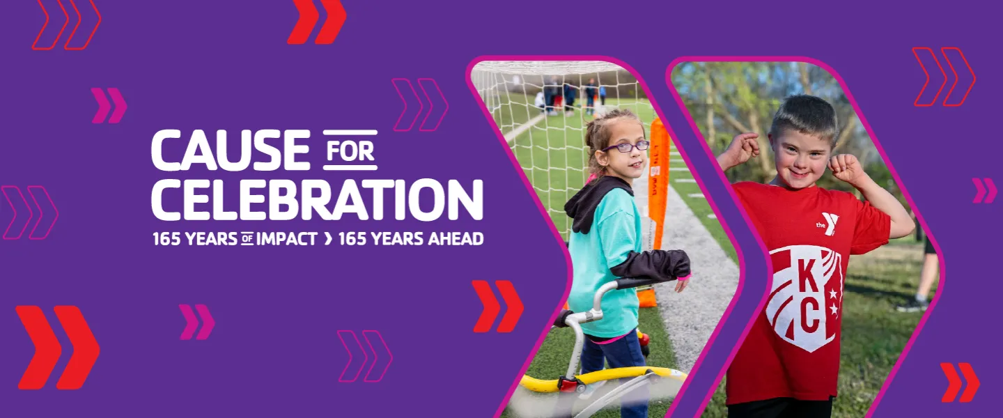 Two photos of Challenger athletes playing soccer. Cause for Celebration. 165 years of impact, 165 years ahead.