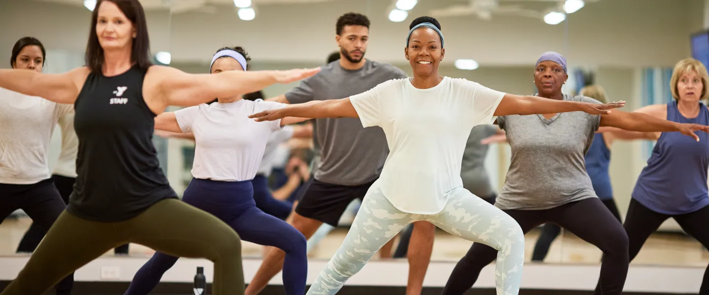 Photo of a yoga group class.