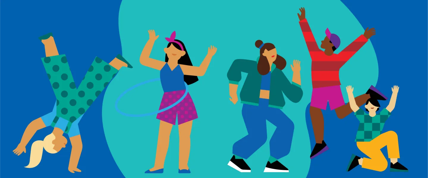 Five cartoon-style children are dancing and playing energetically against a blue background, with one child doing a handstand and another using a hula hoop.