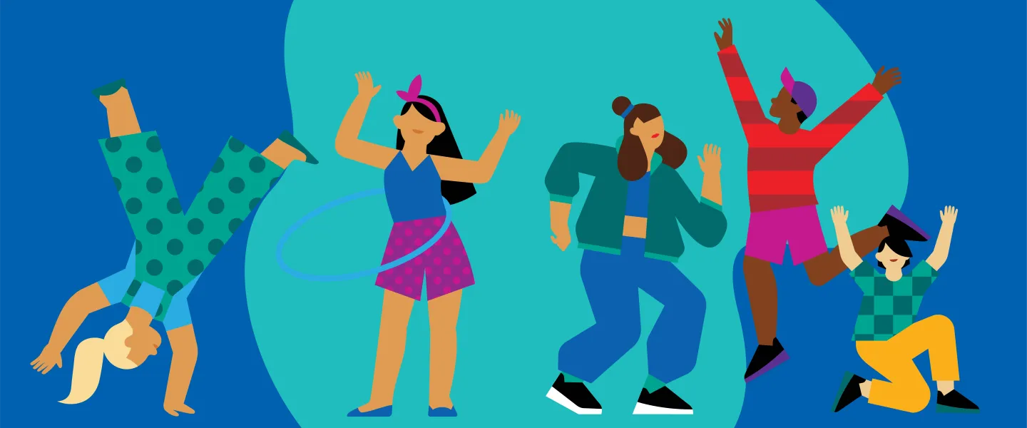 Illustration of five diverse figures dancing energetically, each in a different pose, set against a stylized blue and turquoise background.