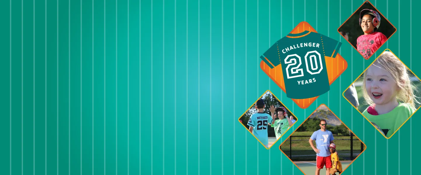 YMCA Challenger 20th anniversary banner featuring photos of athletes and families surrounding a commemorative jersey.