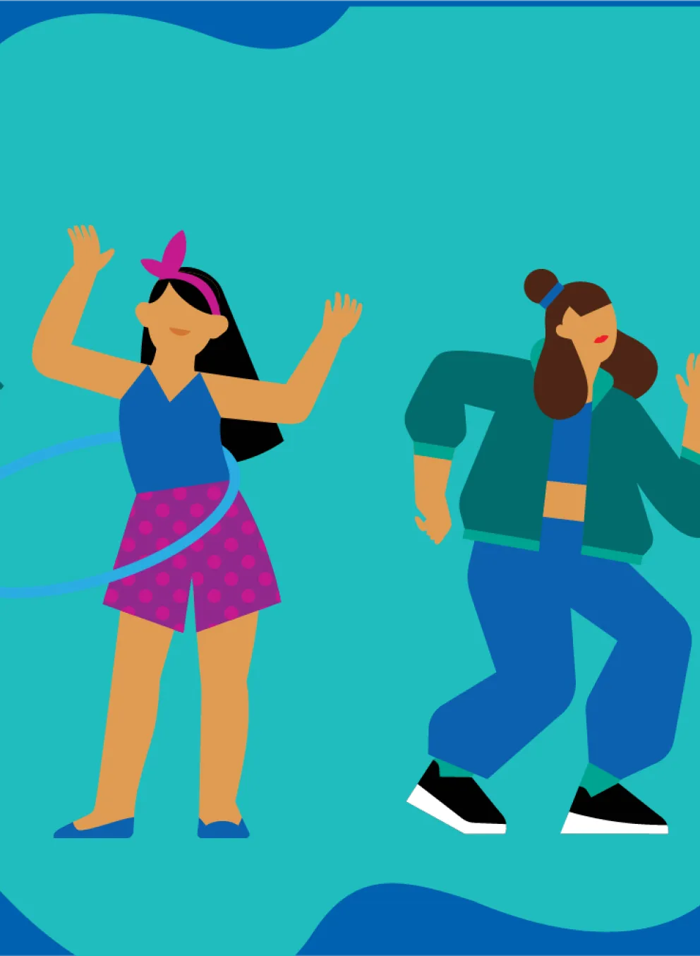 Five cartoon-style children are dancing and playing energetically against a blue background, with one child doing a handstand and another using a hula hoop.