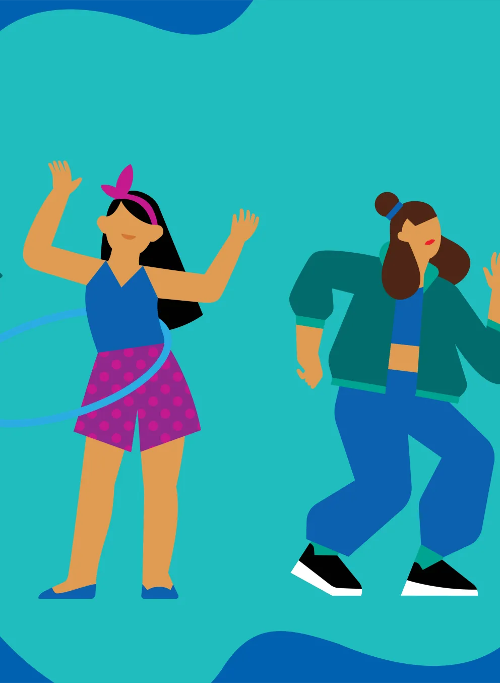 Illustration of five diverse figures dancing energetically, each in a different pose, set against a stylized blue and turquoise background.