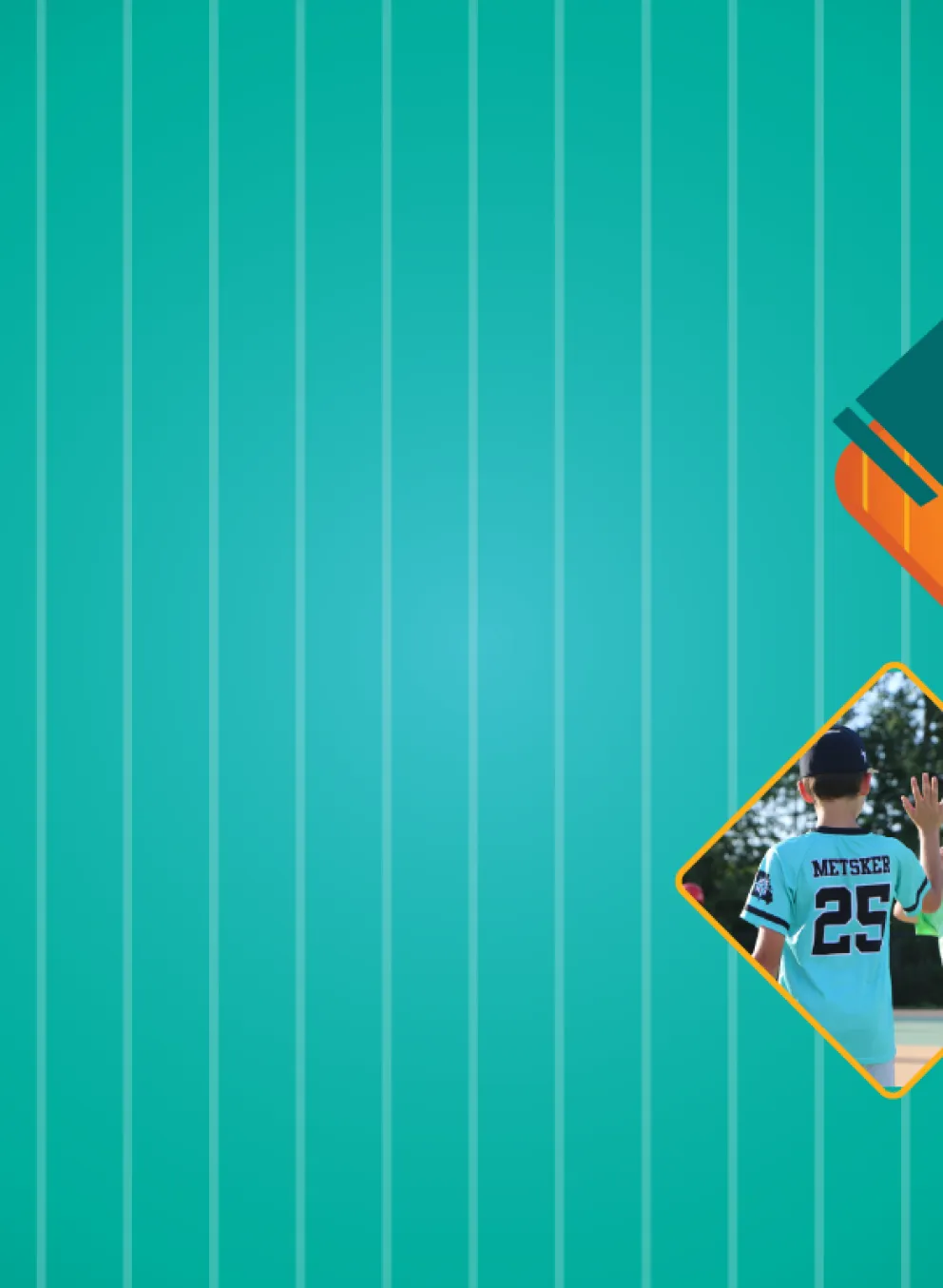 YMCA Challenger 20th anniversary banner featuring photos of athletes and families surrounding a commemorative jersey.