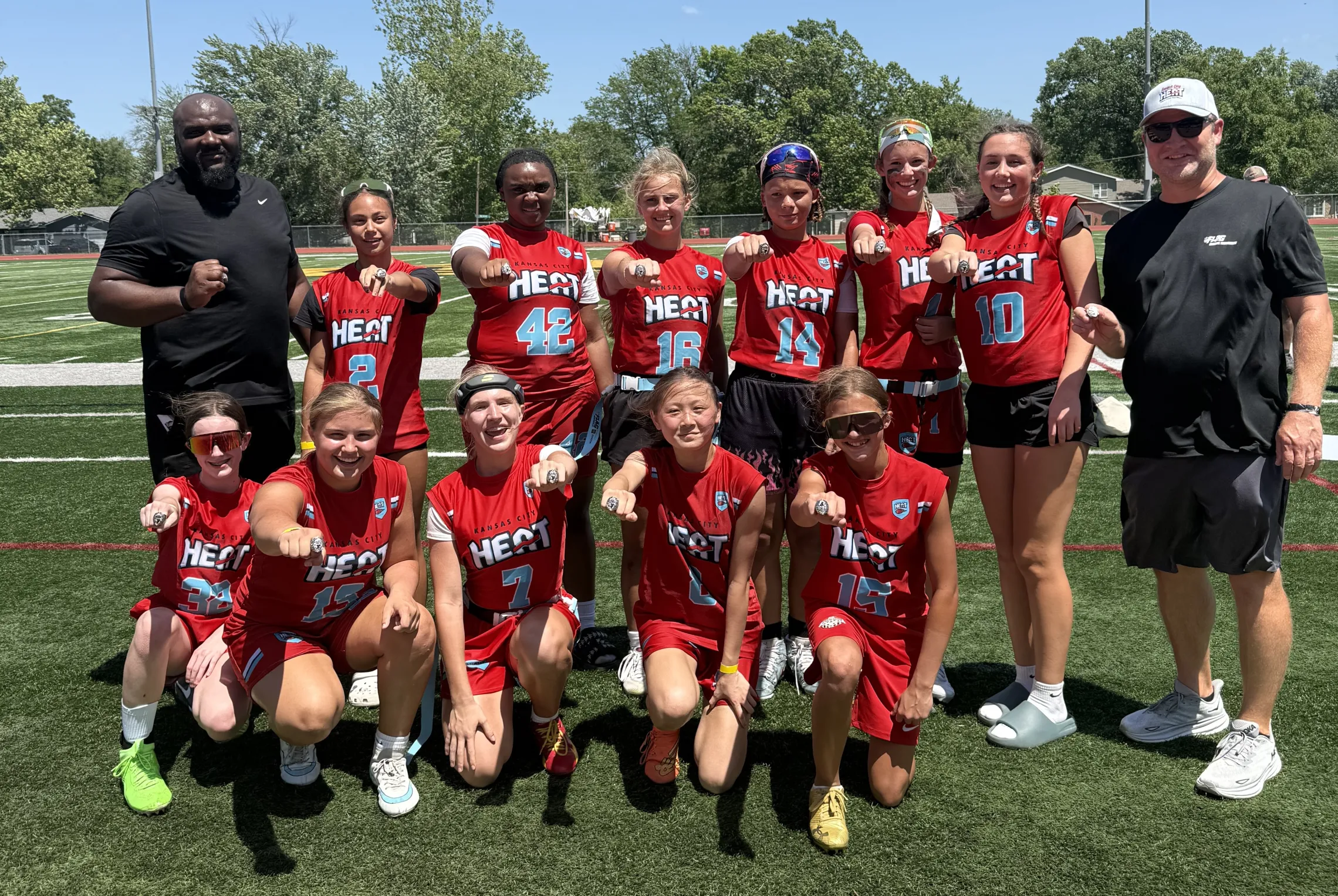 Photo of 14U team champions KC Heat from the YMCA of Greater Kansas City at the YMCAKC x OttawaU Female Flag Nationals