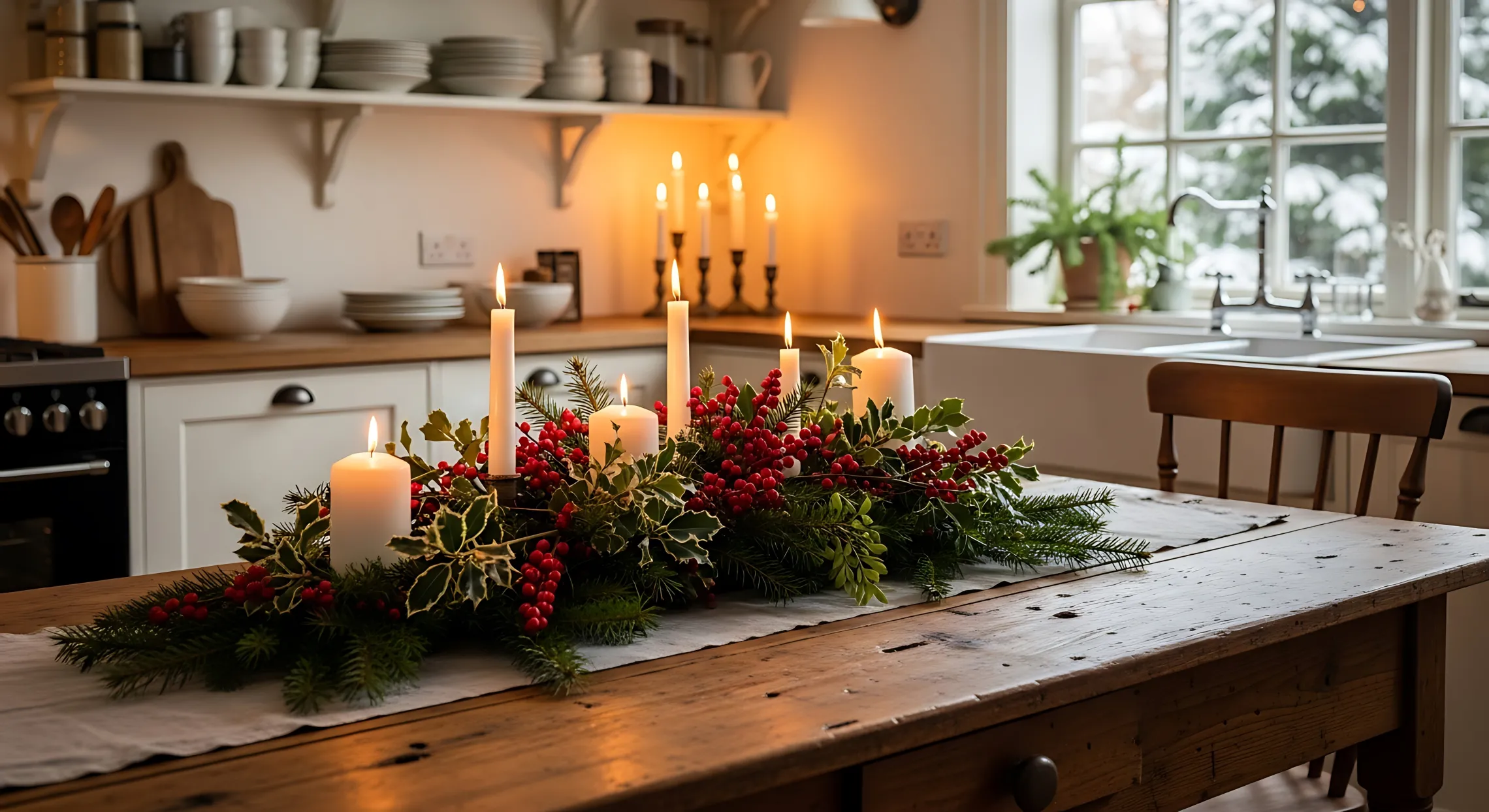 Table candle greenery Christmas holidays