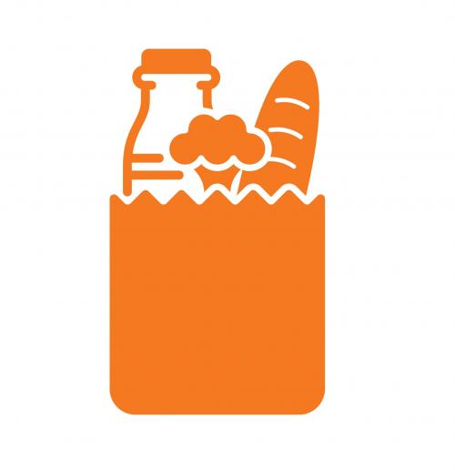 Illustration of bag of food including milk, bread and broccoli