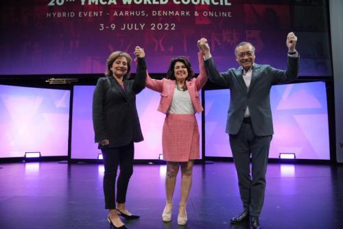 CiCi Rojas (left), who also serves as the YMCA of the USA Board Chair, was elected to a four-year term as the World YMCA Treasurer on July 5, 2022, at the 20th YMCA World Council in Aarhus, Denmark.