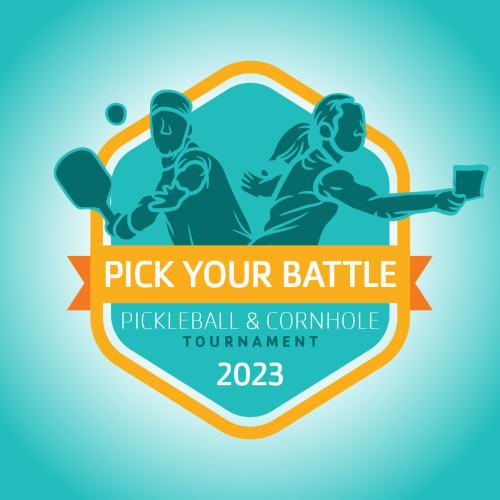 Two illustrated people are side by side, one is playing pickleball and one is playing cornhole. Text says "Pick Your Battle Pickleball and Cornhole Tournament 2023"