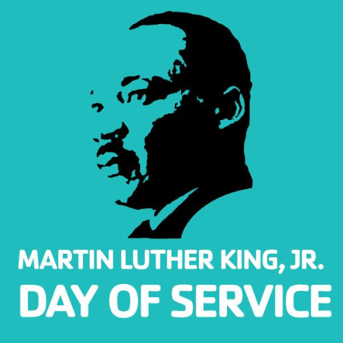 Teal graphic with black outline of Martin Luther King Jr. Text says, "Martin Luther King Jr. Day of Service"